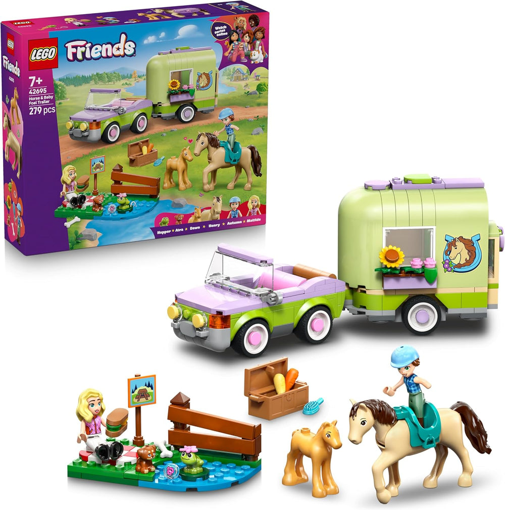 LEGO Friends Pferd and Fohlen mit Pferdeanhänger - Pferde Spielset mit Pflegezubehör, 4 Tierfiguren, Auto & 2 Mini Puppen - Geschenkeidee zum Geburtstag für Mädchen ab 7 Jahren - 42695