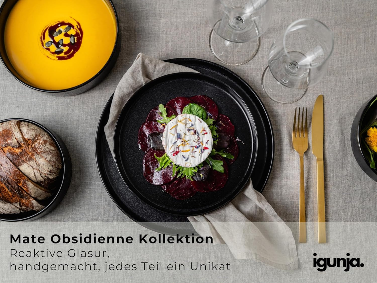 Ensemble de bols et assiettes en grès noir [12 pièces pour 4 personnes] Ensemble de vaisselle noir 100 % fait main avec glaçage réactif de qualité supérieure