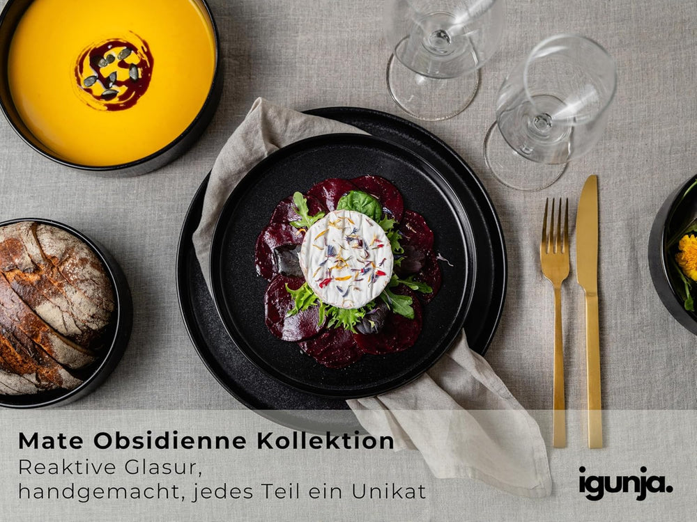 Ensemble de bols et assiettes en grès noir [12 pièces pour 4 personnes] Ensemble de vaisselle noir 100 % fait main avec glaçage réactif de qualité supérieure