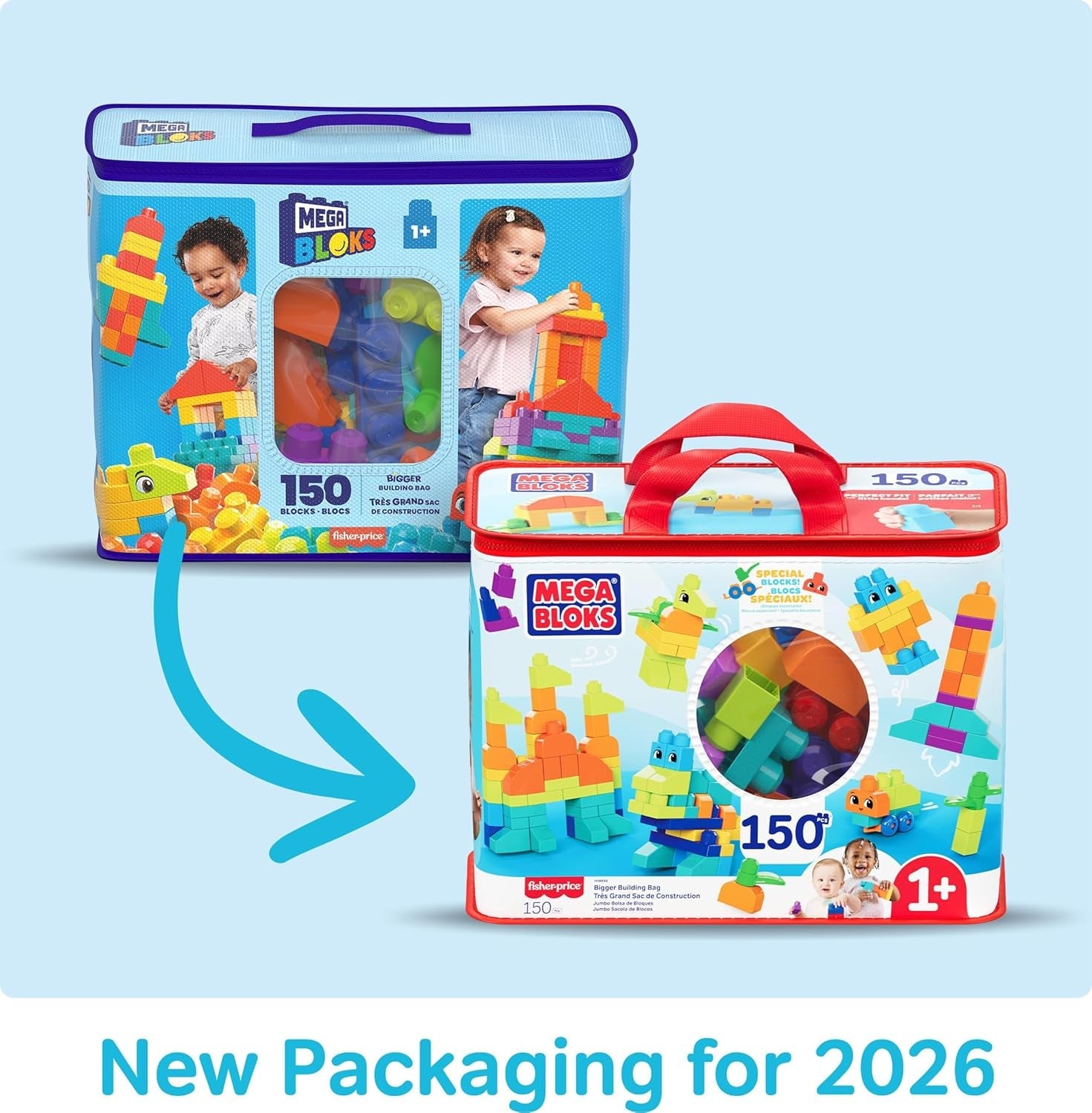 MEGA HHM96 - MEGA BLOKS Bausteinebeutel Deluxe, 150 große und farbenfrohe Bausteine mit einer Aufbewahrungstasche, Konstruktionsspielzeug, Spielzeug-Geschenkset für Kinder ab 1 Jahr