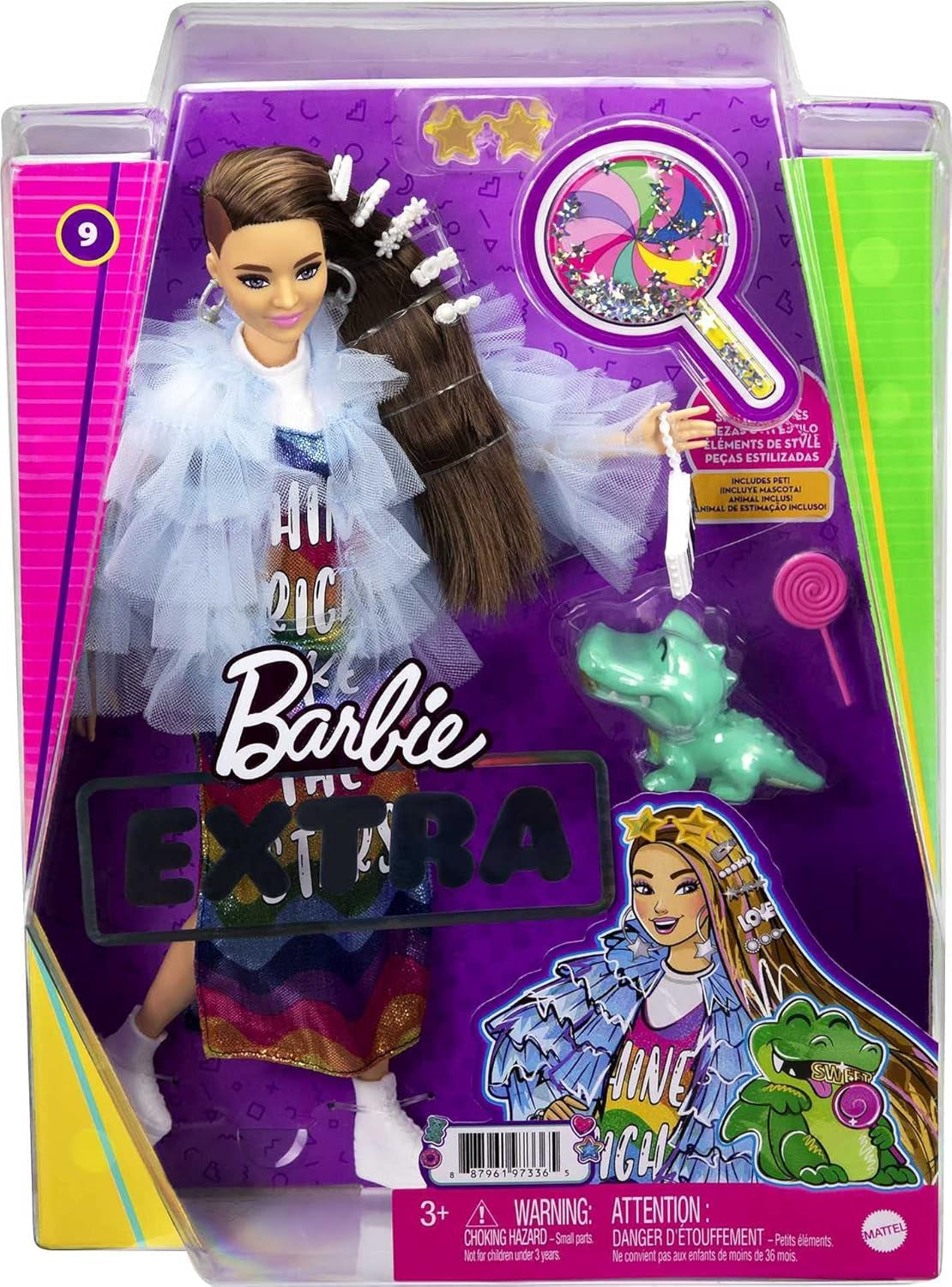 Barbie GYJ78 - Extra Puppe, Regenbogenkleid, Blaue Rüschenjacke, Haustier-Krokodil, Lange brune Haare, mehrlagiges Outfit, Accessoires, Flexible Gelenke, Spielzeug Geschenk für Kinder ab 3 Jahren