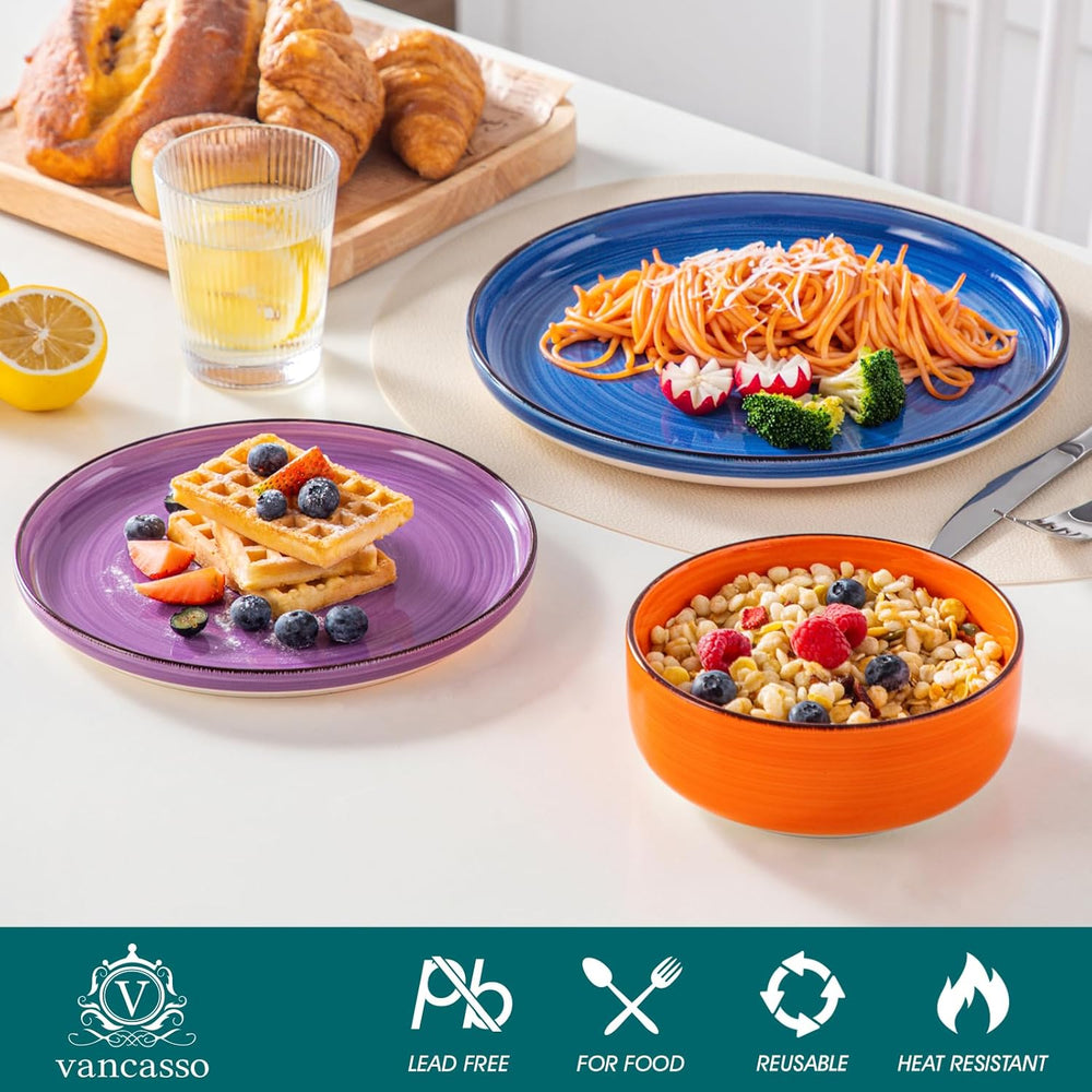 Service de table pour 6 personnes Vancasso Bonita Service de table en grès 18 pièces Ensemble de bols et d'assiettes Service rond Combinaison de 6 assiettes plates Assiettes à salade et bols chacune