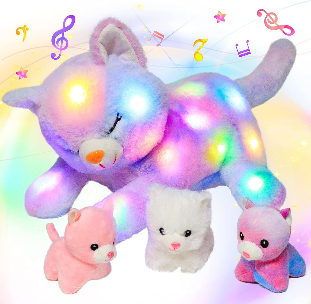 Chat en peluche musical à LED, jouet chantant léger, mère chat avec 3 chatons dans le ventre, berceuse animée, jouet apaisant pour mères, enfants, petites filles, arc-en-ciel, 45 cm