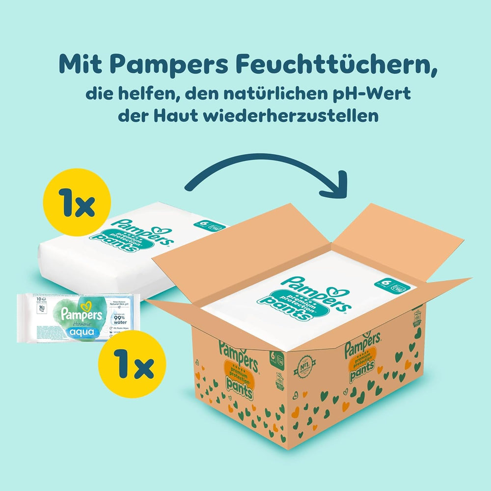 Pampers Premium Protection Pants Größe 6, 78 Windeln, 13kg-19kg, Mit 360° Fitform, 2x breiteren Bundchen als vorher für Komfort & Schutz + 10 Stück Pampers Aqua Baby-Weuchttücher enthalten