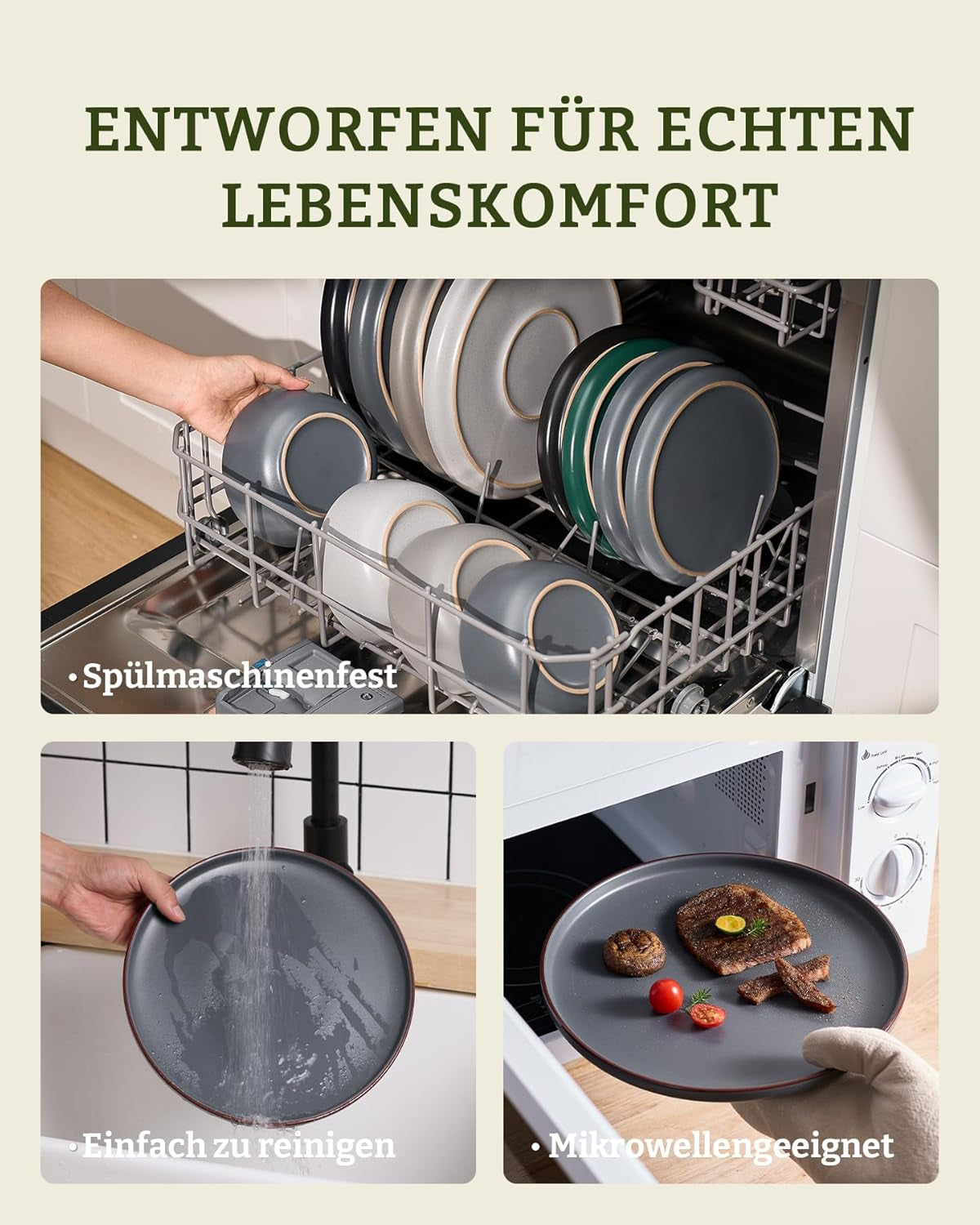 Service de table Mercury, service de table 12 pièces, service de table en grès pour 4 personnes avec assiettes plates, assiettes à dessert, bols à céréales, passe au micro-ondes et au lave-vaisselle, gris anthracite