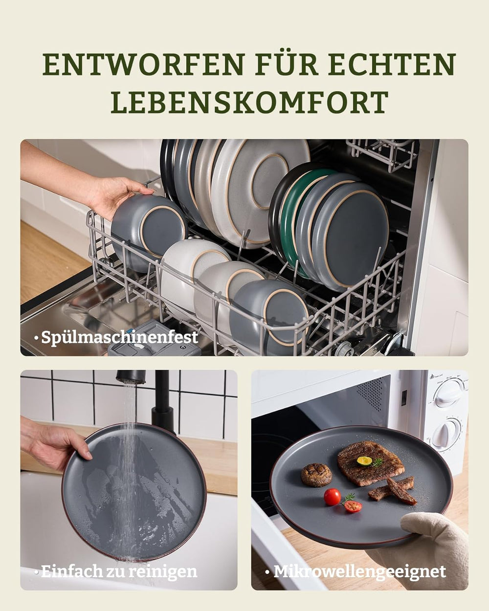 Service de table Mercury, service de table 12 pièces, service de table en grès pour 4 personnes avec assiettes plates, assiettes à dessert, bols à céréales, passe au micro-ondes et au lave-vaisselle, gris anthracite