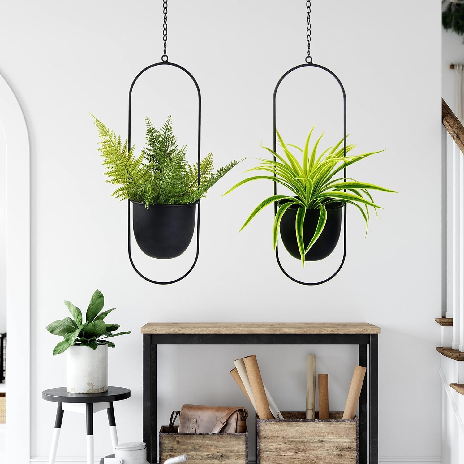 Pots de fleurs suspendus en métal 2 pièces cintre de plante géométrique ovale noir avec pots jardinière de mur et de plafond moderne intérieur extérieur 15,2 cm Pots de fleurs 2 pièces