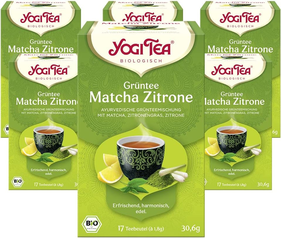 Yogi Tea - Ceai verde Matcha cu lămâie, ceai ayurvedic verde din plante organice, amestec de ceai verde, Matcha, lemongrass și lămâie verde, Yogi Tea pachet de 6, 6X17 pliculețe (102 pliculețe de ceai în total)