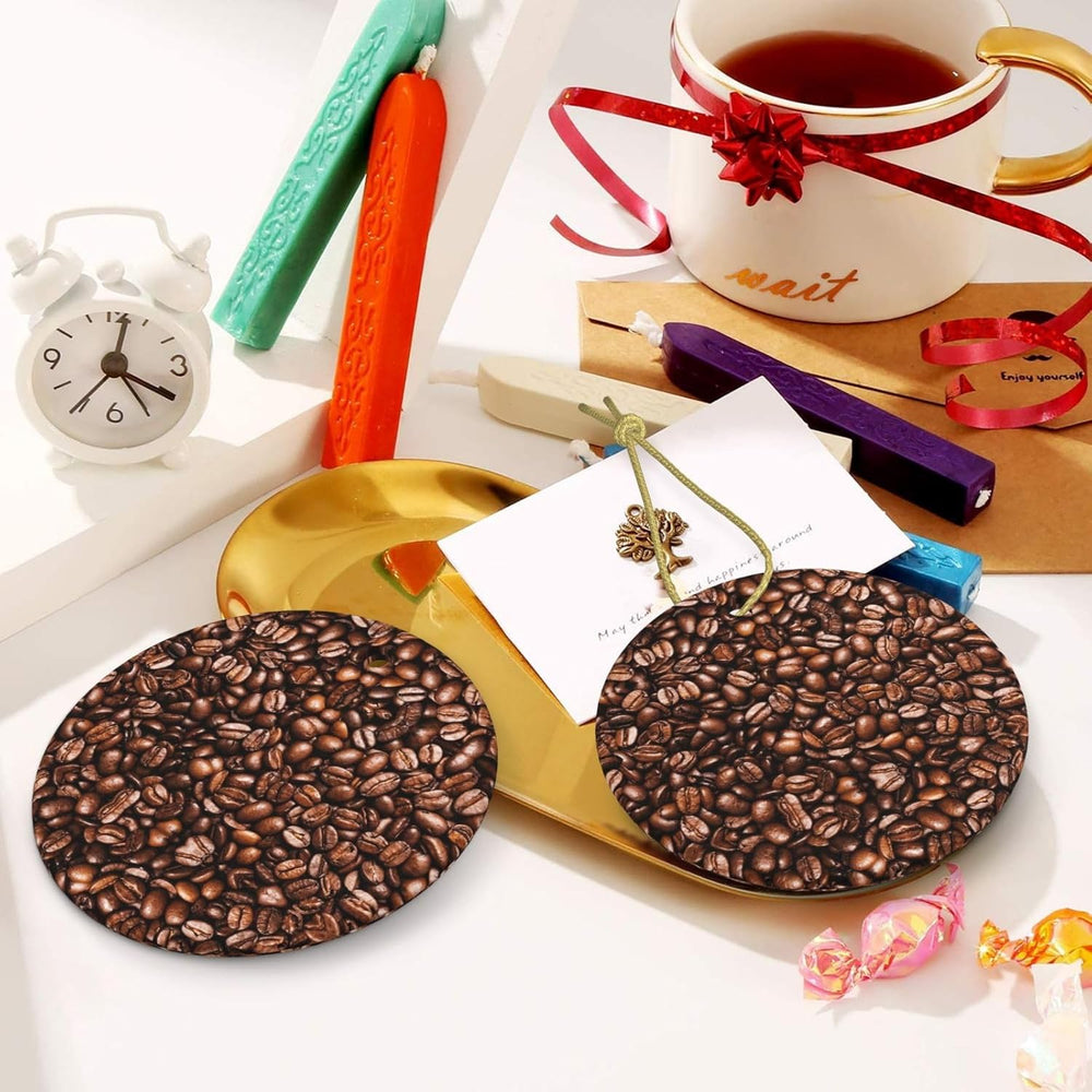 Grains de café torréfiés amusants, rond en céramique imprimé Double face avec ficelle dorée pour suspendre un décor festif pour la maison et le bureau