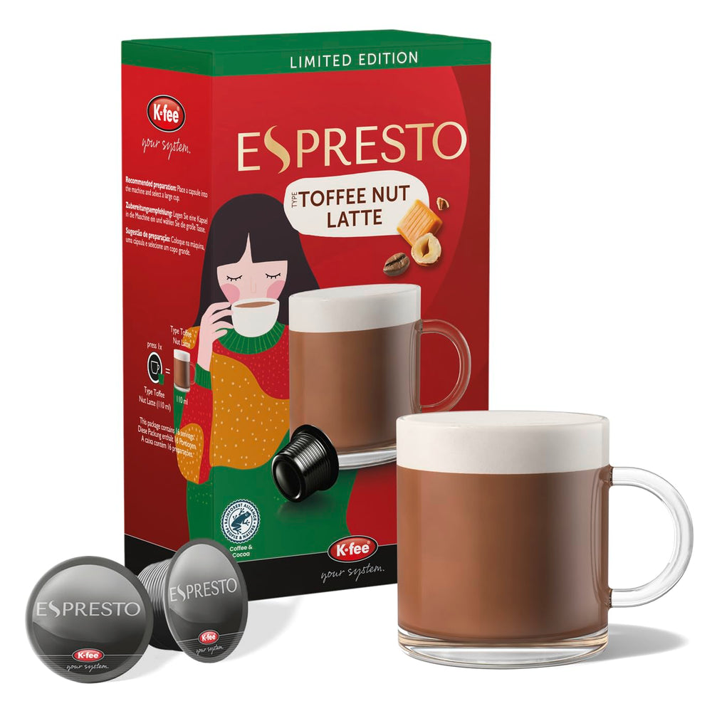 ESPRESTO Toffee Nut Latte, compatible avec K-fee & ALDI EXPRESSI*, café au lait aromatisé, certifié RFA, 96 capsules