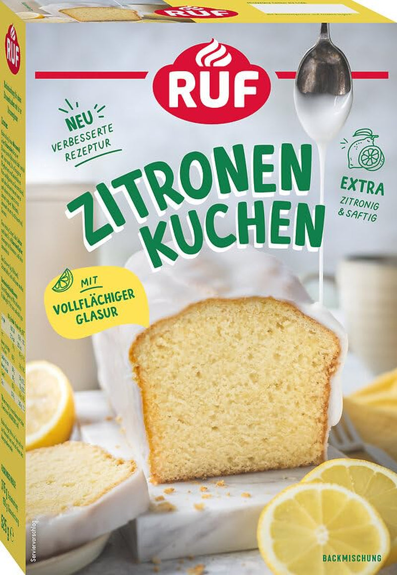 RUF Nusskuchen, Backmischung Mit Schneller Und Einfacher Zubereitung, Nussig Und Locker Mit Glasur, Als Grundlage Für Rüblikuchen, Vegan, 1 X 520G Naty Shop 525 G (1Er Pack) Zitronenkuchen