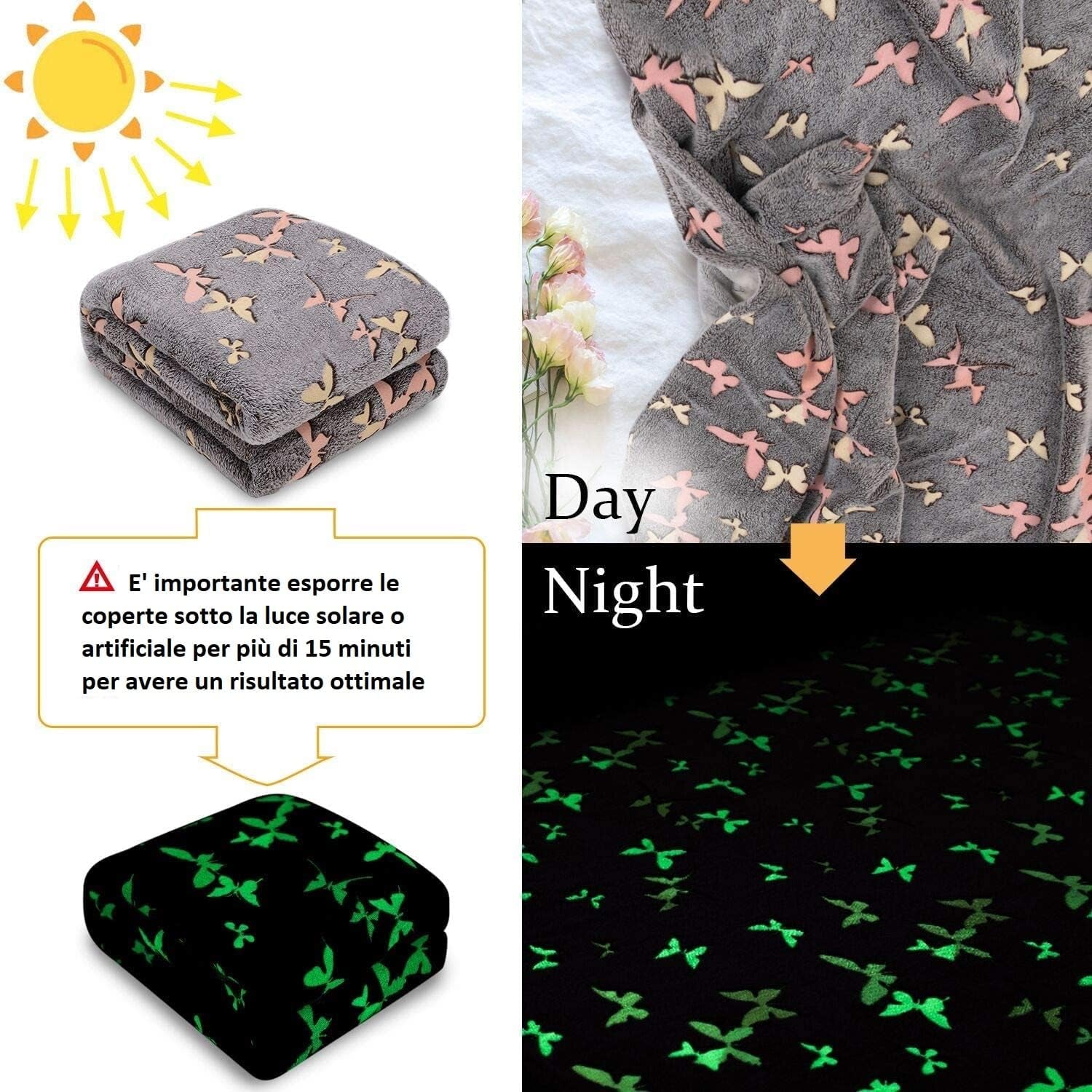 Kanguru Glow Couvre-lit qui brille dans la nuit Couverture papillon Couverture douce 130 x 150 cm Couvre-lit lumineux pour canapé. Couverture pour enfants Glow in the Dark, gris Lits et couvertures Besuche den Kanguru-Store