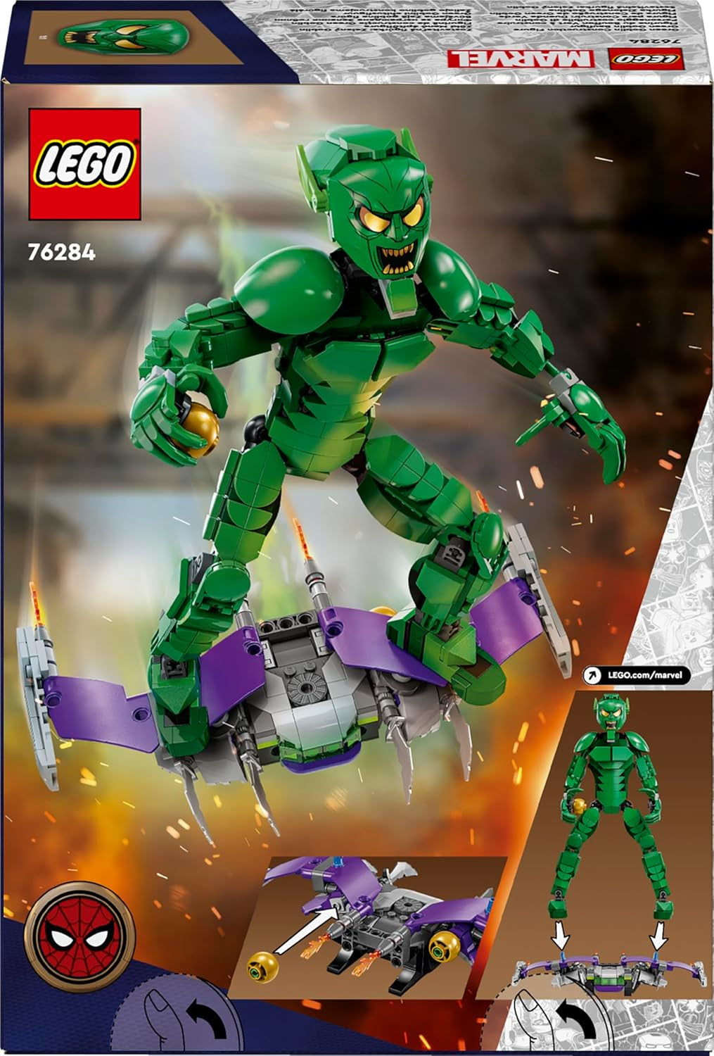 Figurine de construction LEGO Marvel Green Goblin, jouet de construction mobile super méchant pour enfants de 8 ans et plus, garçons et filles, ensemble de l'univers Spider-Man avec curseurs et bombes citrouilles, idée cadeau de super-héros 76284 Jeux de construction Besuche den LEGO-Store