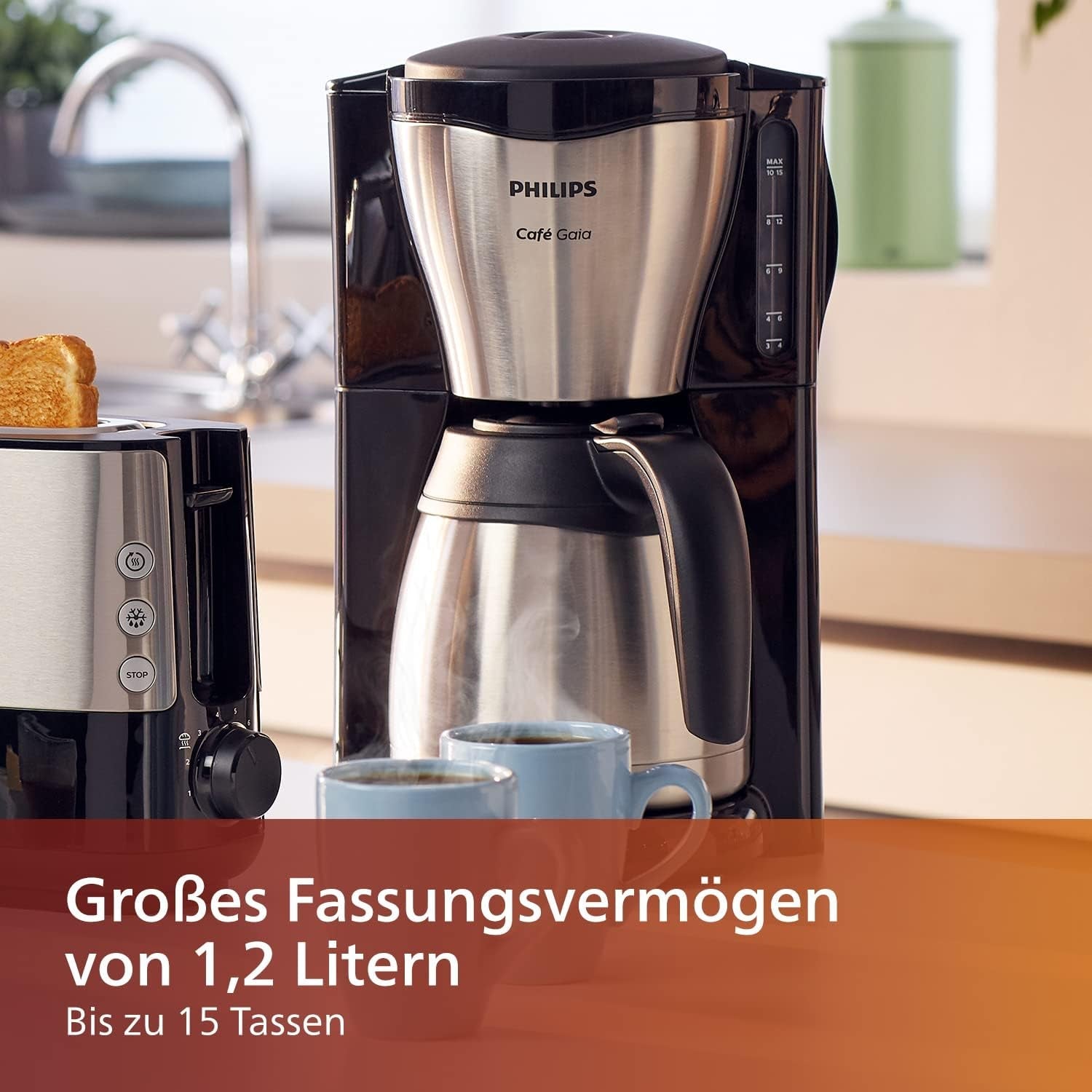 PHILIPS Café Gaia Machine à expresso à filtre - Carafe thermos en acier inoxydable, système anti-goutte, arôme intense, arrêt automatique, 1300 ml, noir (HD7546/20)