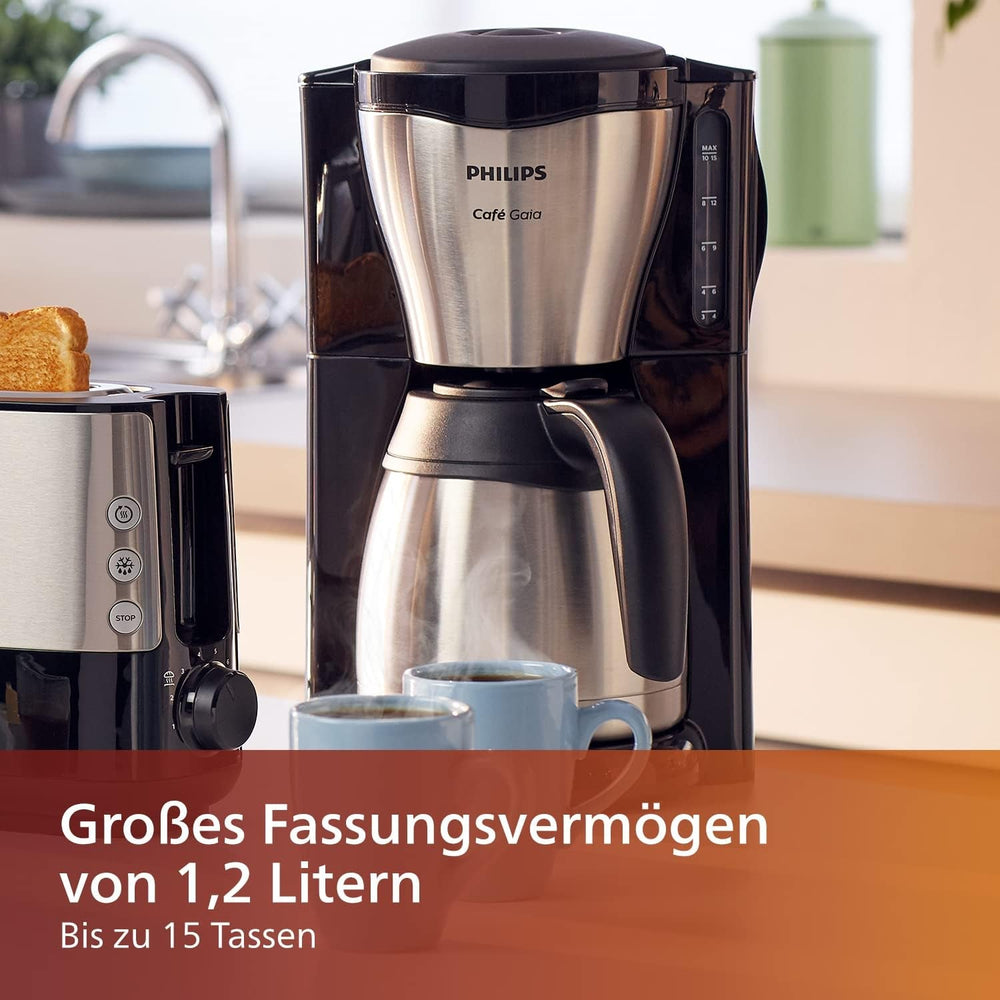 PHILIPS Café Gaia Machine à expresso à filtre - Carafe thermos en acier inoxydable, système anti-goutte, arôme intense, arrêt automatique, 1300 ml, noir (HD7546/20)