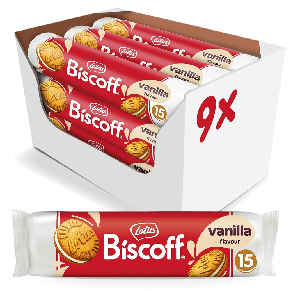 Biscoff Lotus | Biscuits sandwich jumeaux fourrés à la crème de biscoff | 15 biscuits sandwich par paquet | Uniquement des ingrédients naturels | Végétaliens | Sans colorants ni arômes ajoutés | 9x150g | 1,35kg