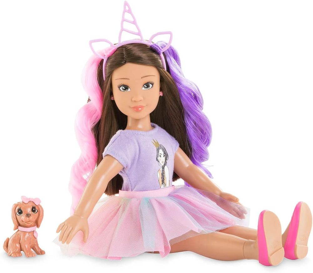 Corolle 9000600030 - Girls Luna Einhorn Set, Ankleidepuppe im Sommeroutfit mit Hund, mit Haarband, Ohrringe et extra Gummistiefel, 28cm Spielpuppe mit Vanilleduft, à partir de 4 ans