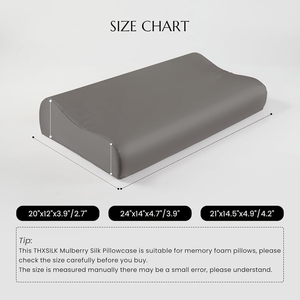 Față de pernă THXSILK din mătase de dud 19 Momme pentru pernă contur din spumă cu memorie, pernă cervicală din latex, hipoalergenică, lavabilă (50 x 30 x 10/7 cm, gri închis)