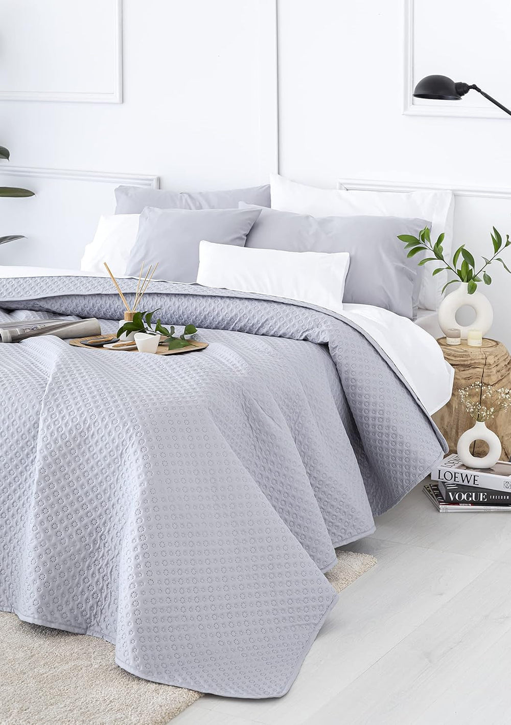 Todocama Fine Boutique Couvre-lit avec motif piqué, pour printemps, été, automne et hiver, 100% microfibre super douce, couverture multifonctionnelle, 140/150/160-250 X 260 cm, gris clair Lits et couvertures Beuche den Todocama-Store