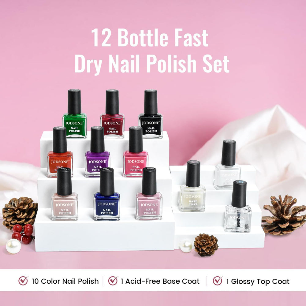 JODSONE Lot de 12 vernis à ongles 10 couleurs combinaison 2 couches de base et top coat Vernis à ongles à séchage rapide pour amateurs et débutants
