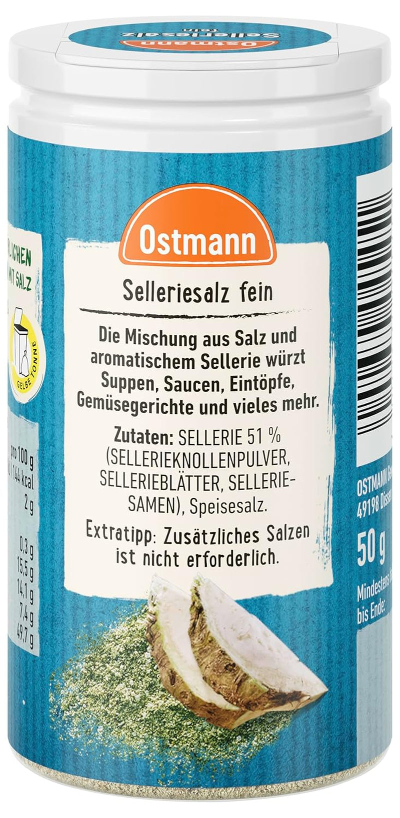 Ostmann Gewürze - Sel de céleri | Zum Verfeinern zährlicher herzhafter Gerichte | Recycler, nachfüllbare Streudose | 50 g dans une passoire