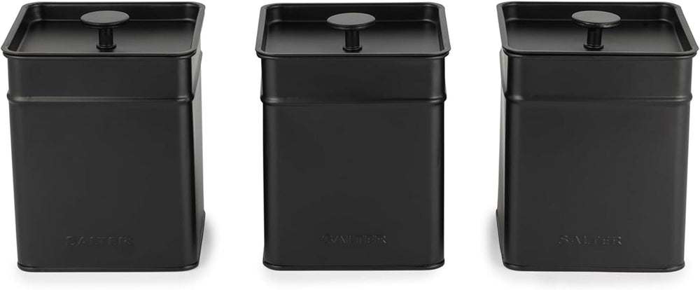 Salter BW12614EU7 Kuro Boîte de Rangement - 4 Récipients de Cuisine Pain/Thé/Café/Sucre Boîtes de Rangement Carrées Facile à Nettoyer Garder Les Aliments Frais Noir Naty Shop Boîtes de Rangement Alimentaire 3 Pièces Ensemble
