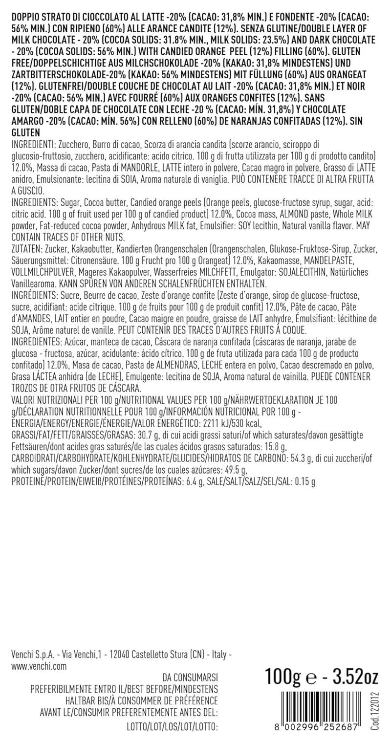 Venchi - Chocolat au lait et chocolat noir 56% cigare aux écorces d'orange de Sicile confites, 100g, sans gluten, sans colorants ni conservateurs