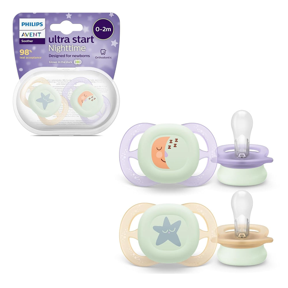 Philips AVENT Ultra Start Night Sucette, Sucette orthodontique pour nouveau-nés, Brille dans le noir, Sans BPA, avec récipient de stérilisation, Lot de 2, Lune, Étoile, SCF075/07