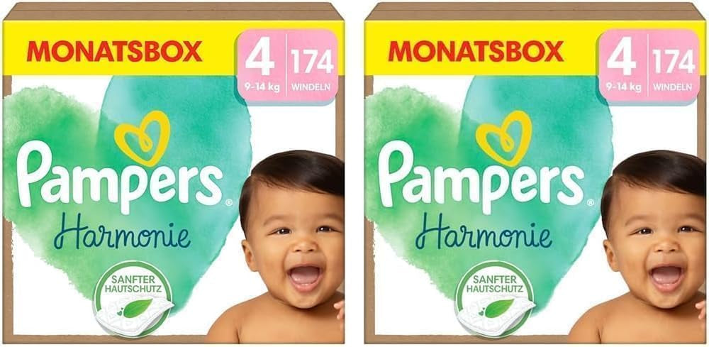 Couches Pampers Harmony taille 4, 174 couches, 9 kg-14 kg, protection douce de la peau avec protection 100 % Pampers