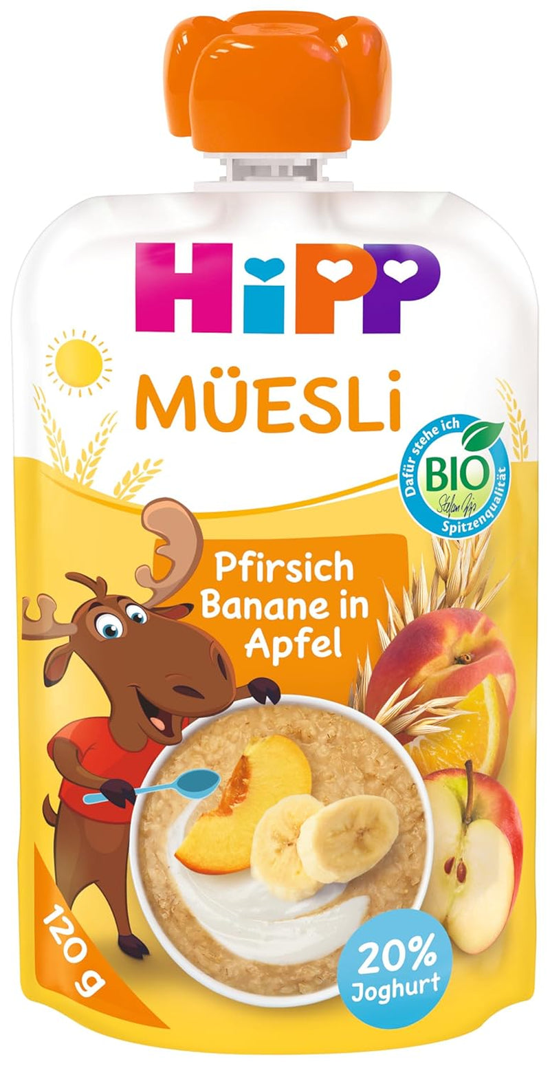 HiPP Müesli Pfirsich Banane in Apfel mit Joghurt, Quetschie ab 1 Jahr, (6 x 120g)
