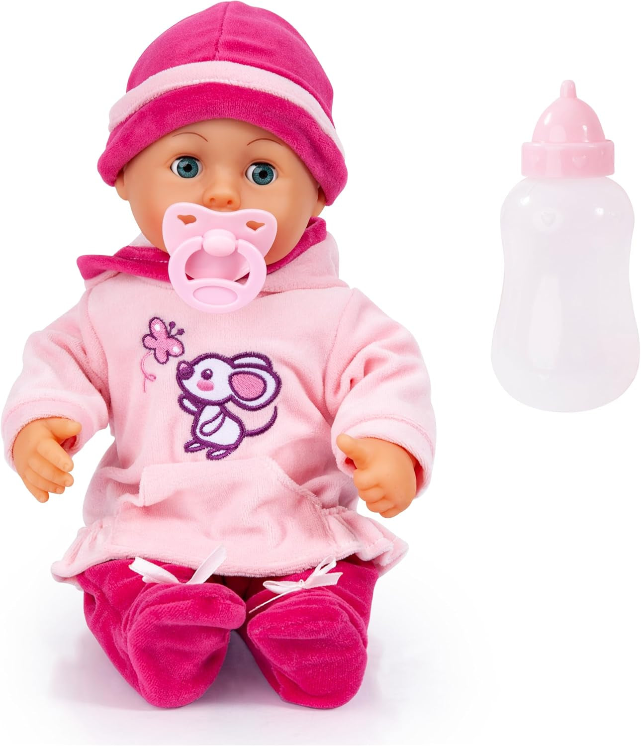 Bayer Design 93800-pink 93825AA Babypuppe First Words, Schlafaugen, spricht 24 Babylaute, weicher Körper, mit Schnuller und Flasche, 38 cm, rose