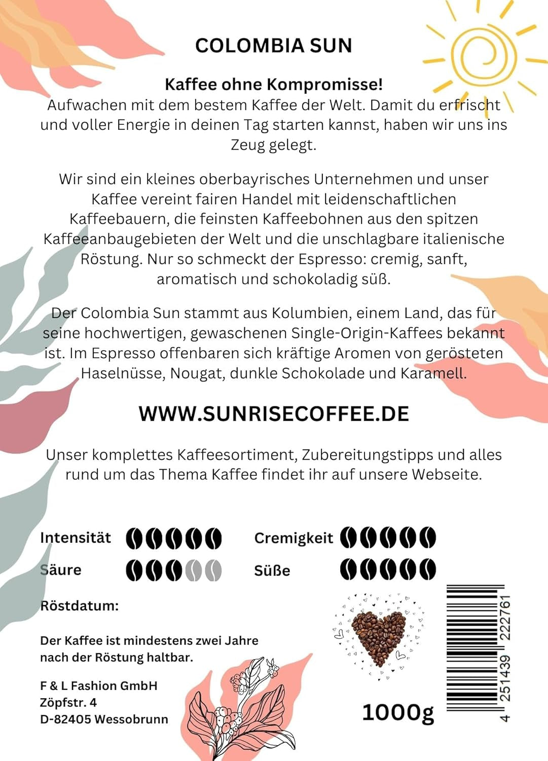 Sparset Espressobohnen Colombia Sun Frische Ganze Kaffeebohnen directement au Kolombien Arabica Kaffee, mittelkräftig geröstet, 6kg