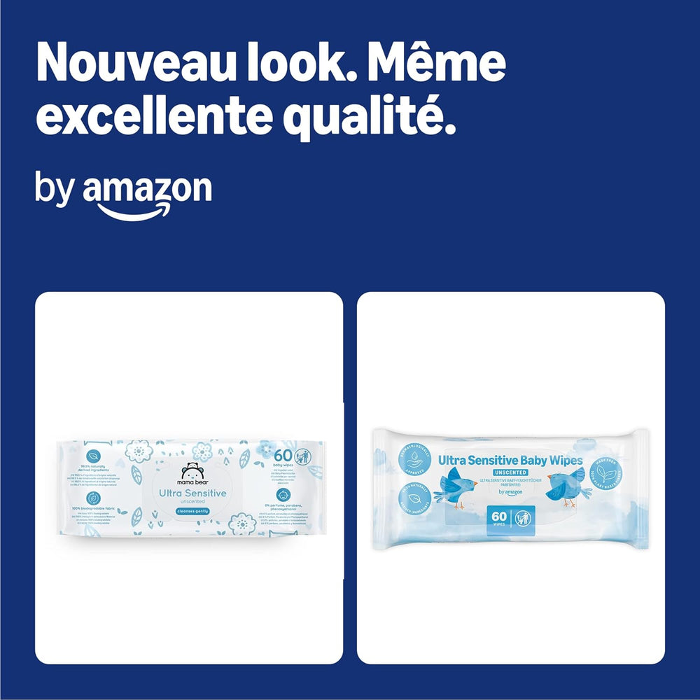 Lingettes pour bébé Amazon Ultra Sensitive, 100 % fibres végétales, 99 % eau, 1080 lingettes, non parfumées, 18 paquets de 60 lingettes chacun (anciennement vendues sous la marque Mama Bear, produit identique)