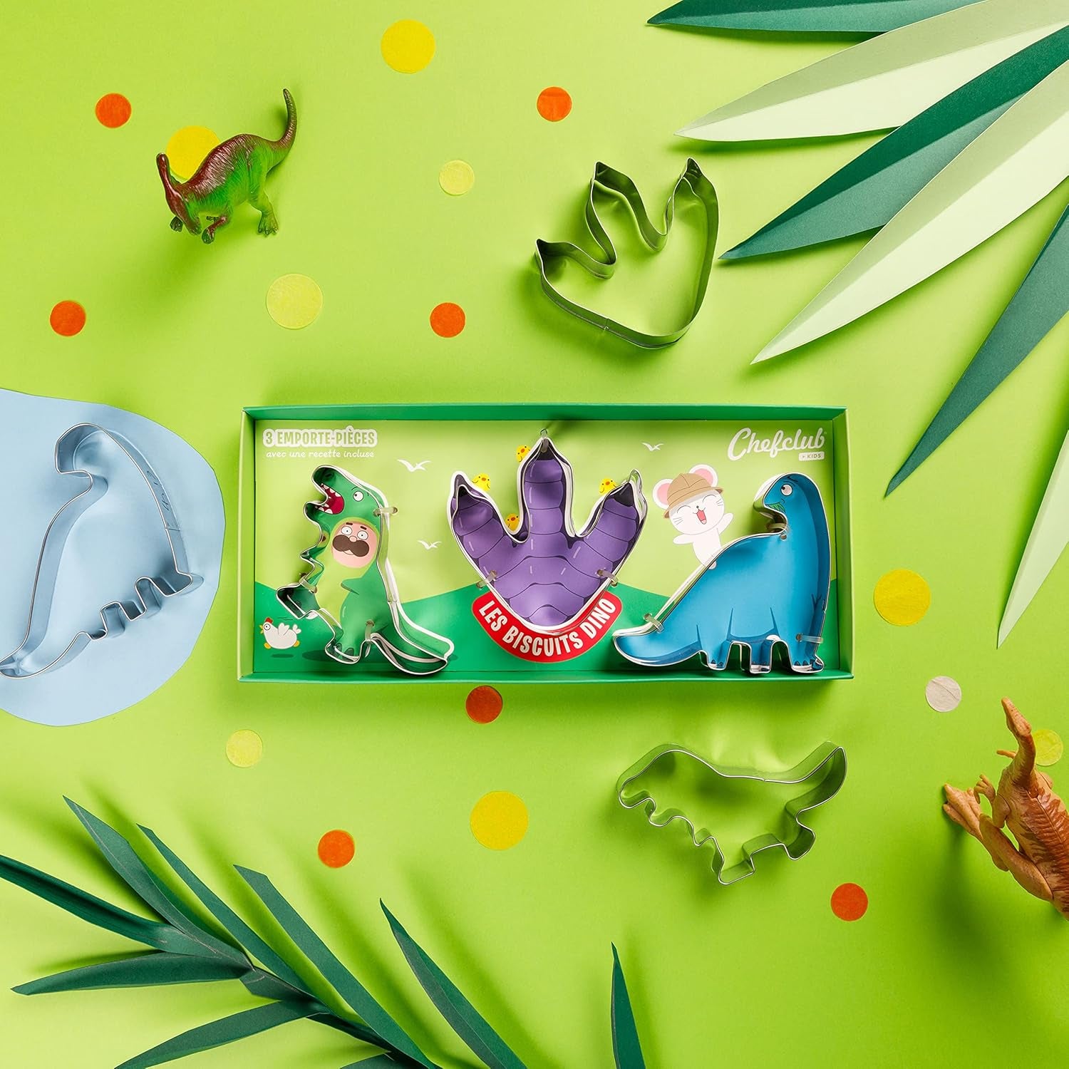 Chefclub Kids - Ensemble d'emporte-pièces dinosaures - Cuisine pour enfants - T-Rex, Empreinte et Diplodocus - Recettes + Vidéos - Pâtisserie familiale ludique - Cadeau pour les 4 ans et plus