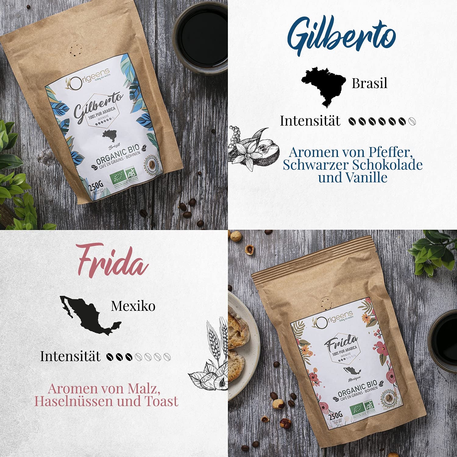 ORIGEENS Bio Kaffeebohnen Probiersset 1kg | Premium Bio Arabica Café Ganze Bohnen Set 4x250g | Röstung traditionnel | Ensemble de cafetières à café