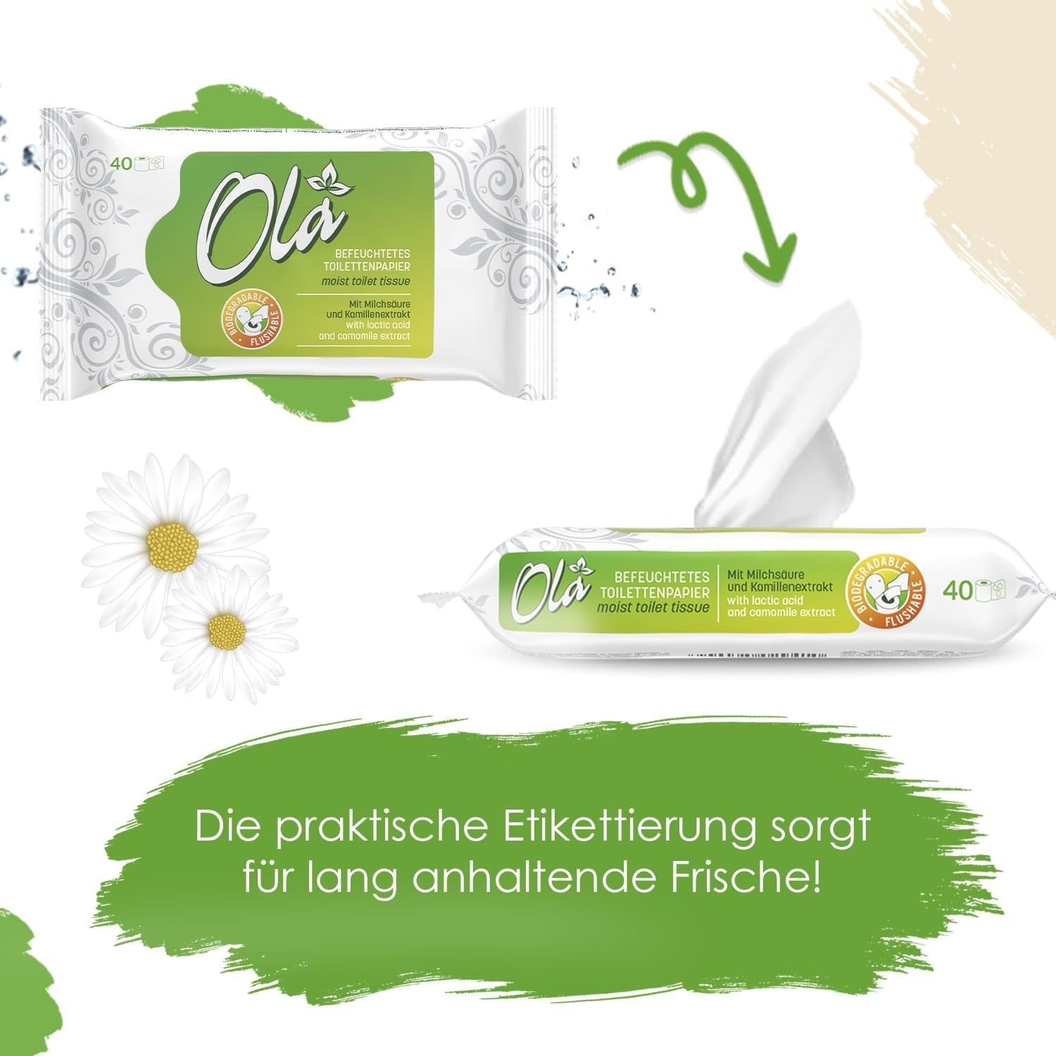 Papier toilette humide OLA - (1X40 pièces) Lingettes humides - extrait de camomille et acide lactique, lavables, peaux sensibles - 40 pièces