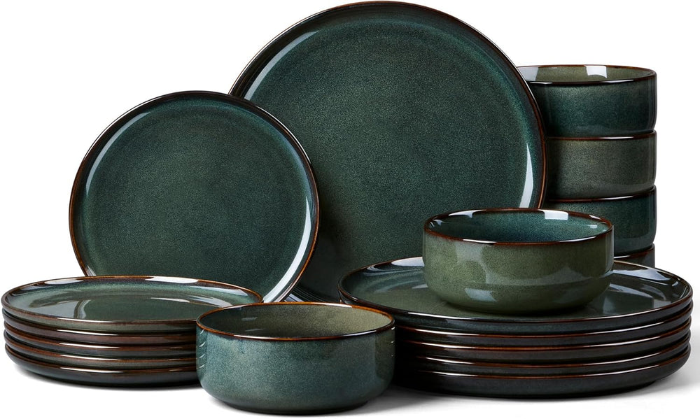 Homikit Geschirrset 6 Personen, 18-tlg Steinzeug Geschirr Set, Reaktive Glasur Tafelservice mit Speiseteller Dessertteller Müslischüsseln, Mikrowellen- und Spülmaschinenfest, Kieferrauchgrün