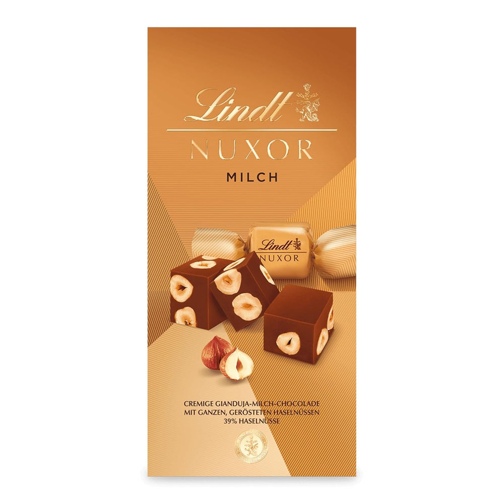Chocolat Lindt | Sachet de chocolat au lait NUXOR | 103g | Cubes de chocolat au lait crémeux au Gianduja et noisettes grillées | Cadeau chocolat
