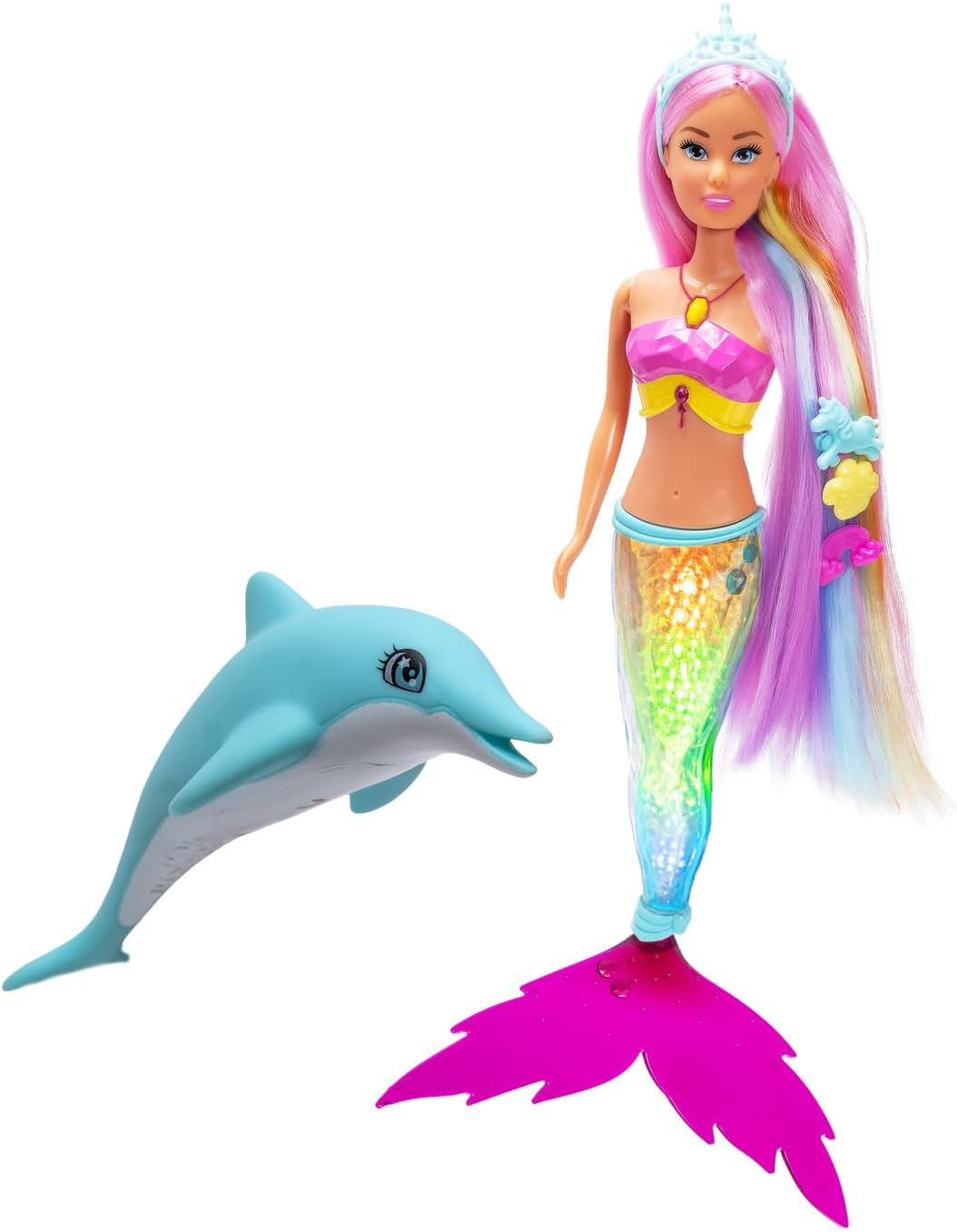 Simba Steffi Love Poupée sirène mermaizing avec fonction lumière arc-en-ciel, cheveux extra longs, figurine de dauphin et pinces à cheveux, hauteur 39 cm, fonction Try-Me, à partir de 3 ans