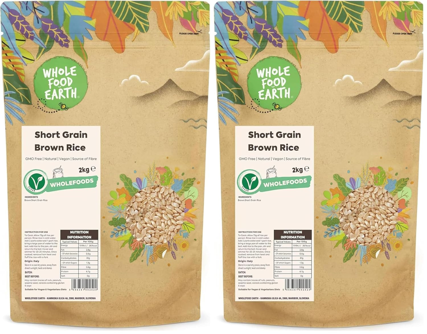 Riz brun à grains courts Wholefood Earth - sans OGM - naturel - végétalien - sans produits laitiers - sans sucre ajouté, 2 kg