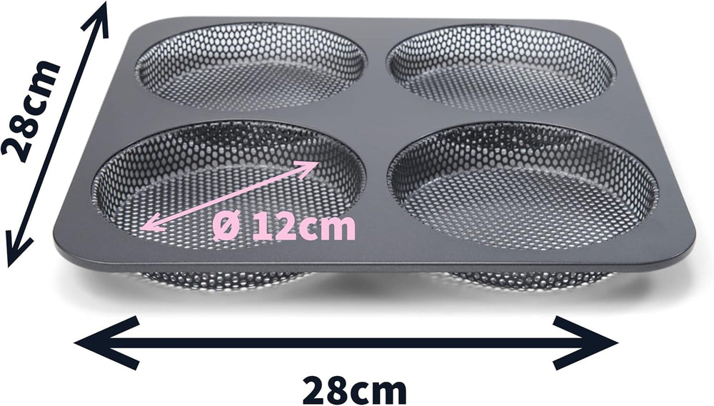 Hamburgerbrötchen, Perforiert, Antihaftbeschichte, 4 Runde Mulden Mit Je 12 Cm, Pfannengröße 28 X 28 Cm, 2.5 Cm Tief, Mittelgroß, Schwarz Moules et plaques pour la pâtisserie Naty Shop
