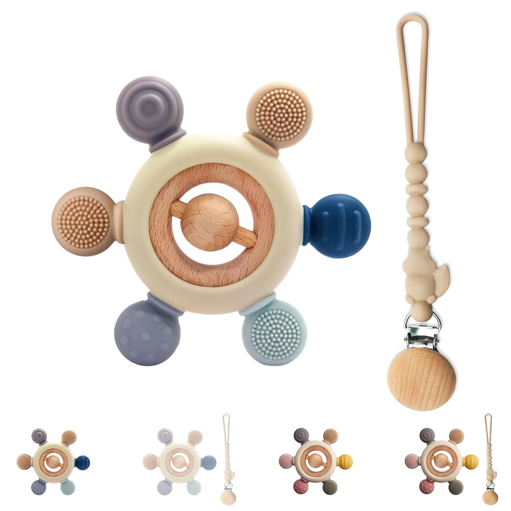 Anneau de dentition pour bébé avec chaîne de tétine - Aide à la dentition - Jouet pour bébé de 0 à 6 mois - Essentiels pour nouveau-né - Jouet de dentition sans BPA - Idées cadeaux pour nourrissons