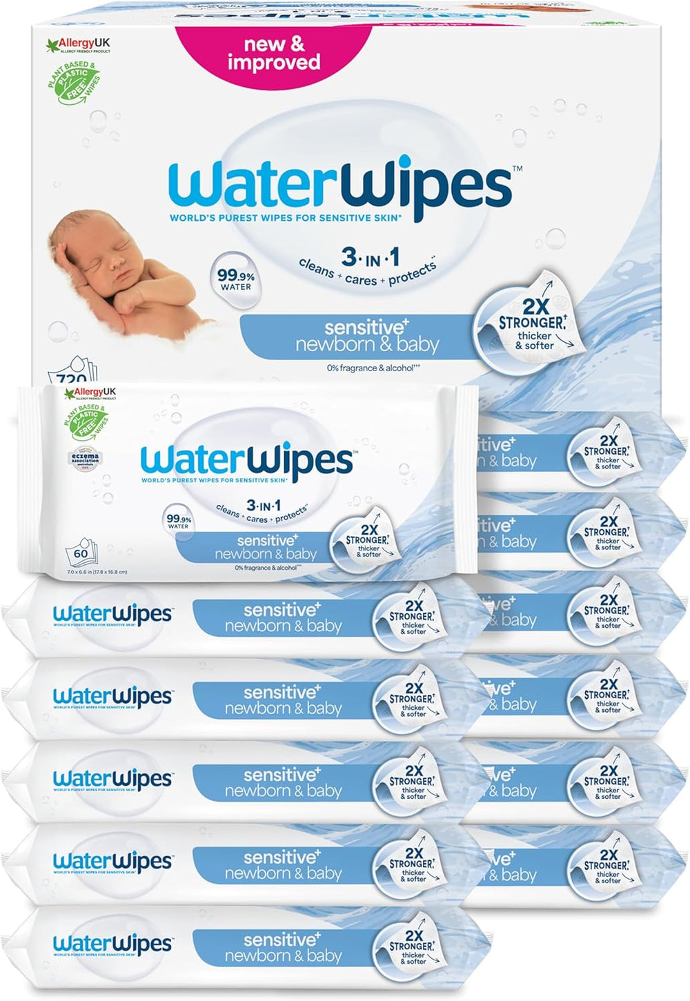 WaterWipes Sensitive+ Lingettes humides pour nouveau-nés et bébés, 240 unités (paquet de 4), nettoyage, entretien, protection 3 en 1, 99,9 % d'eau, sans parfum