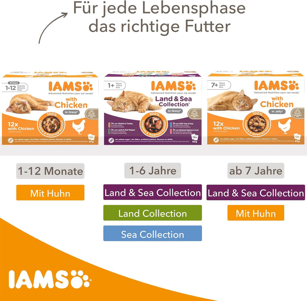 IAMS Delights Land Collection Nourriture humide pour chats - Multipack avec variétés de viandes (agneau, bœuf, poulet et dinde) en sauce, nourriture humide pour chats à partir de 1 an, 12 x 85g