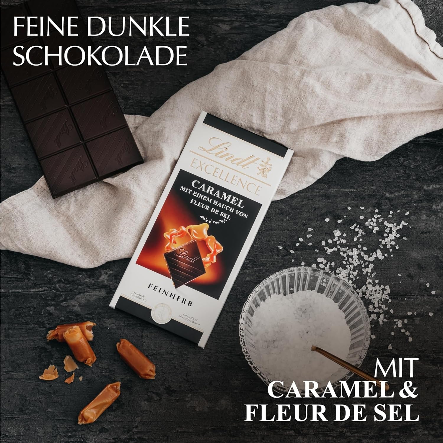 Lindt EXCELLENCE Caramel et sel de mer - Chocolat noir | Barre 100g | Au Caramel et Sel Marin (Fleur de Sel) | Saveur intense de cacao | Chocolat noir