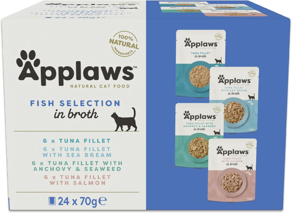 Applaws Sachets de sélection de poisson de nourriture humide pour chats 100% naturels en bouillon - Paquet de 24 sachets x 70 g