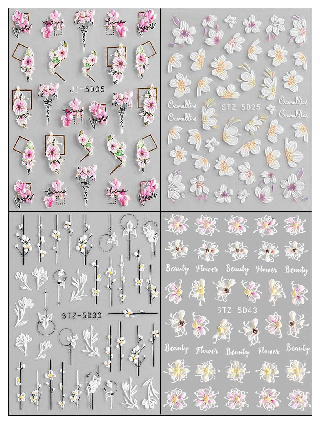 JMEOWIO 3D Nagelsticker Frühling Blume Nail Art Sticker Selbstklebend Nagelaufkleber 5D Stereoskopisch Blumen Dekoration Nageldesign Zubehör 4 Blatt