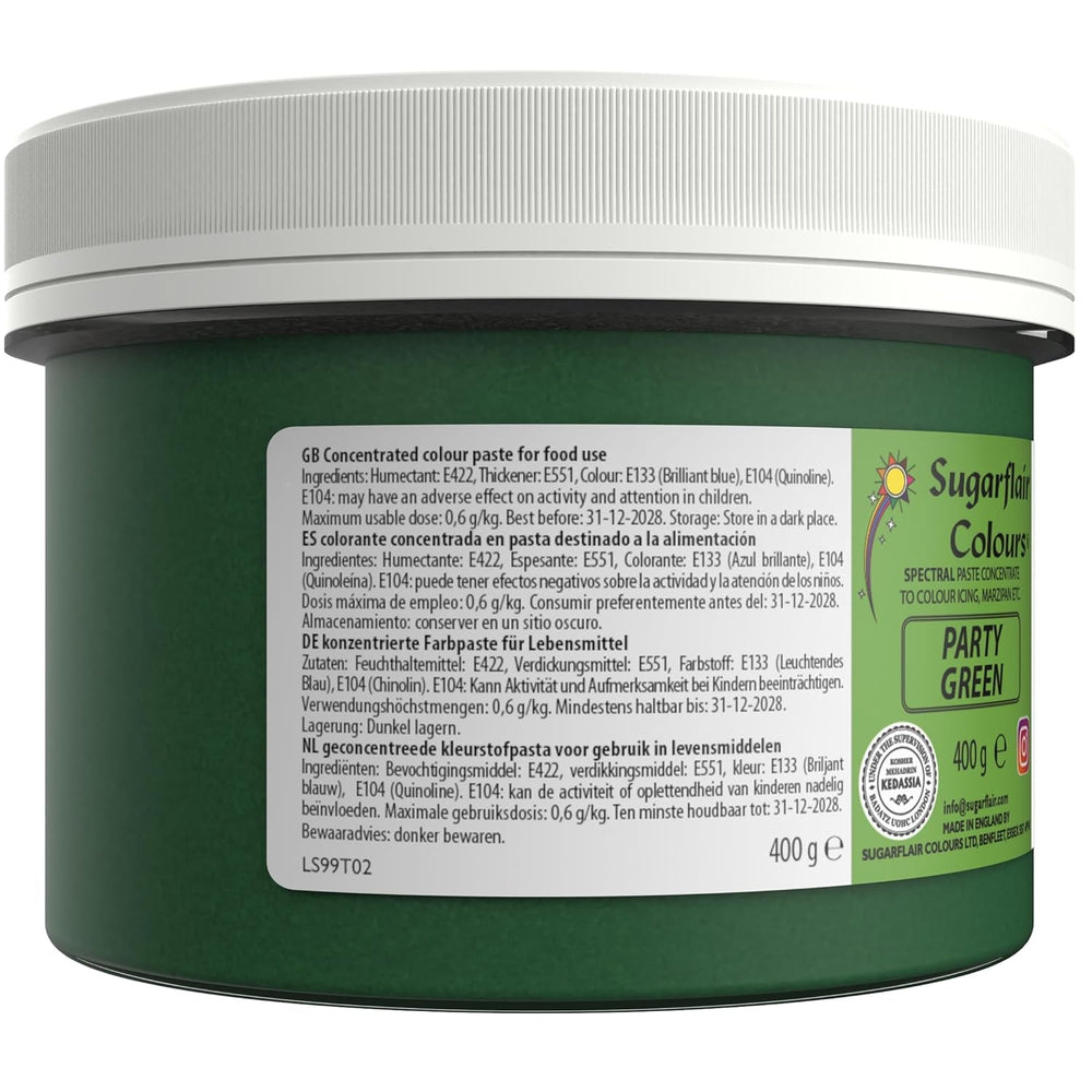 Colorant alimentaire pour pâtes Sugarflair Partygreen, colorant alimentaire pour fondant et massepain, pâtes concentrées spectrales - 400 g