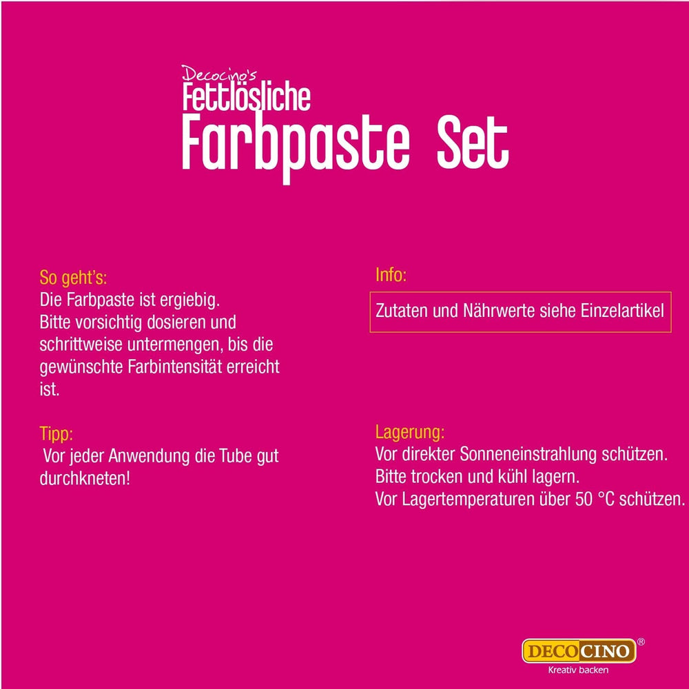 Decocino Pâte colorante liposoluble Lot de 6 - 6 x 15 g - Colorant alimentaire rouge, blanc, vert, jaune, bleu et noir, idéal pour colorer gâteaux, fondants et crèmes - Sans azoïque ni gluten
