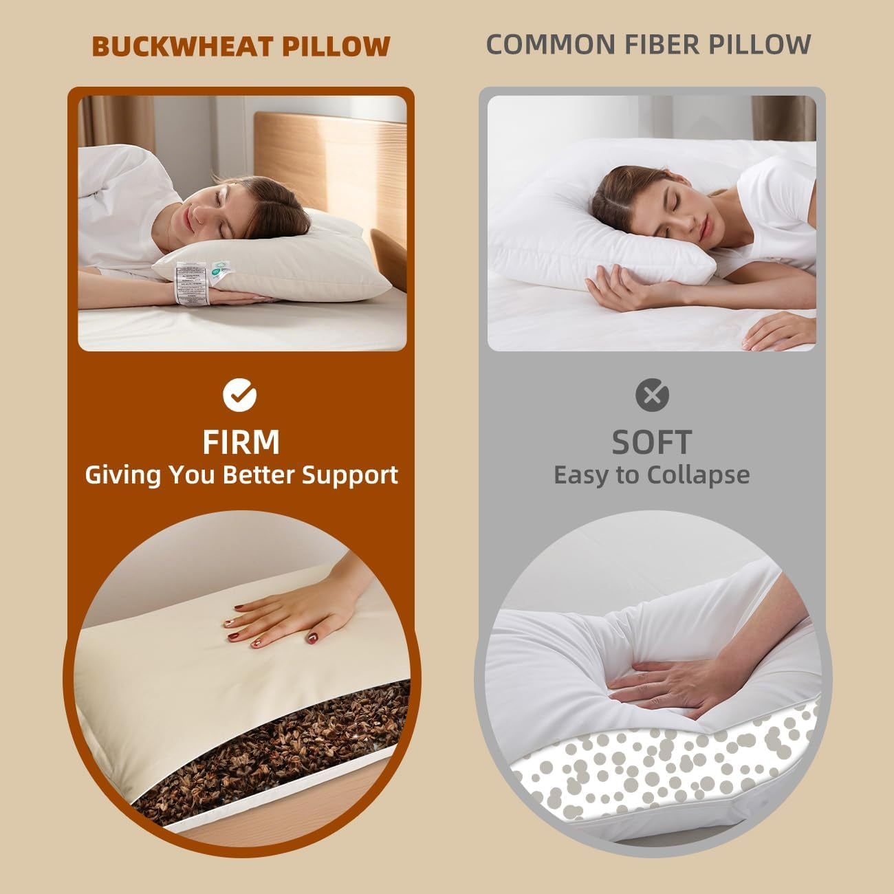 Oreiller de couchage en sarrasin biologique LOFE 14" X 20" Soutien cervical réglable et respirant pour dormir frais pour les dormeurs sur le dos et sur le côté (coques de sarrasin tartare) Naty Shop Oreillers standard